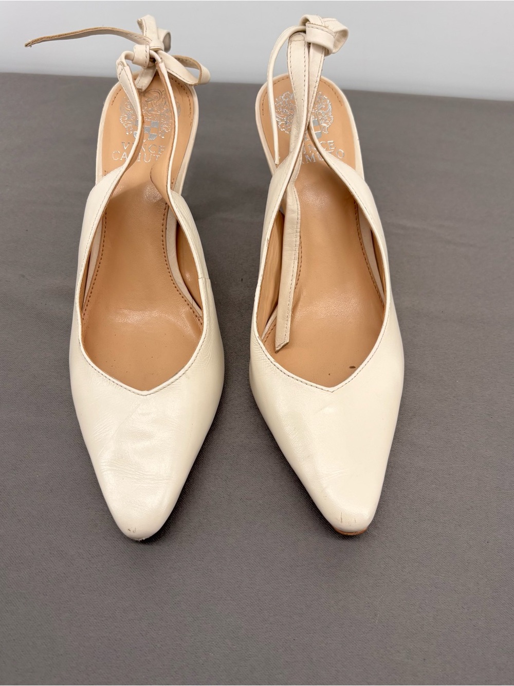 Vince Camuto Cream Pointed-Toe Slingback Heels with Ankle Tie